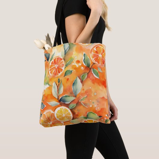 Oranje plakken verse Waterverf Citrus ontwerp Tote Bag (Dichtbij)