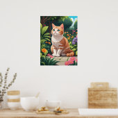 Oranje poes in een kleurrijke tuin poster (Keuken)