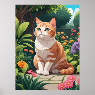 Oranje poes in een kleurrijke tuin poster