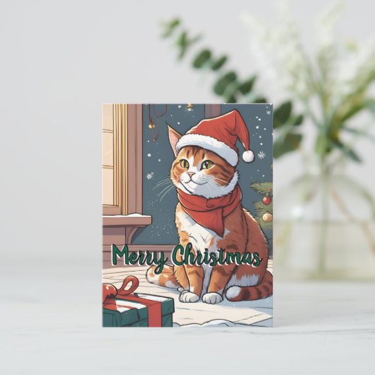Oranje poes met kerst pet schattig dierenhuisje briefkaart (Staand voorkant)