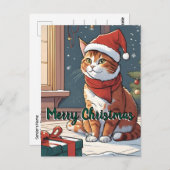 Oranje poes met kerst pet schattig dierenhuisje briefkaart (Voorkant / Achterkant)