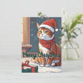 Oranje poes met kerst pet schattig dierenhuisje feestdagenkaart (Staand voorkant)