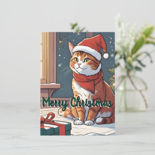 Oranje poes met kerst pet schattig dierenhuisje feestdagenkaart (Staand voorkant)