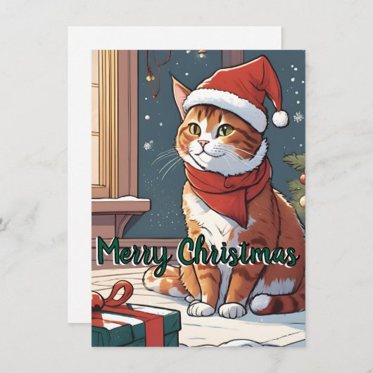 Oranje poes met kerst pet schattig dierenhuisje feestdagenkaart (Voorkant / Achterkant)