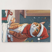 Oranje poes met kerst pet schattig dierenhuisje legpuzzel (Horizontaal)