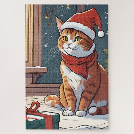 Oranje poes met kerst pet schattig dierenhuisje legpuzzel (Verticaal)