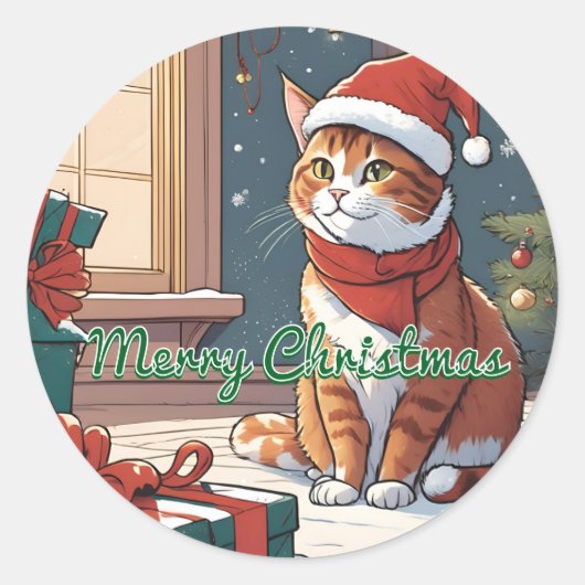 Oranje poes met kerst pet schattig huisdier ronde sticker (Voorkant)