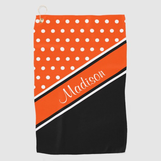 Oranje poka Dot Black Diagonaal Script Name Golfhanddoek (Voorkant)
