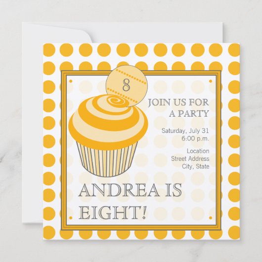 Oranje Polka Dot Cupcake Birthday Party Invitation Kaart (Voorkant)