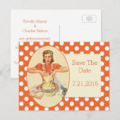 Oranje Polka Dot Retro Save the Date Briefkaart (Voorkant / Achterkant)
