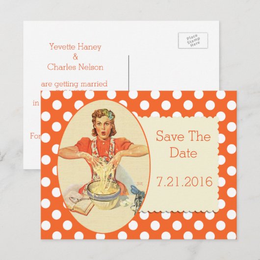 Oranje Polka Dot Retro Save the Date Briefkaart (Voorkant / Achterkant)