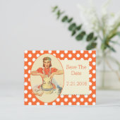 Oranje Polka Dot Retro Save the Date Briefkaart (Staand voorkant)