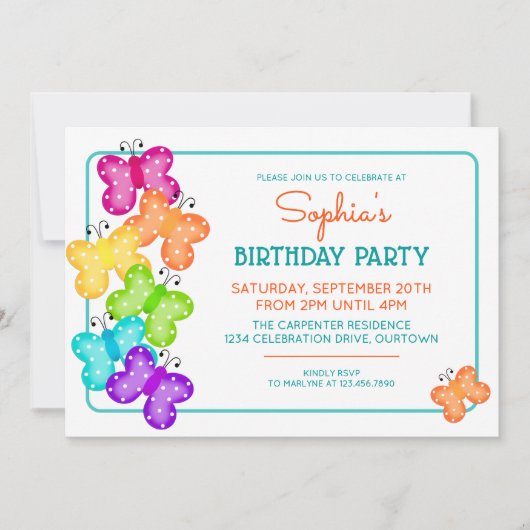 Oranje Polkadot vlinder verjaardagsuitnodiging Kaart (Voorkant)