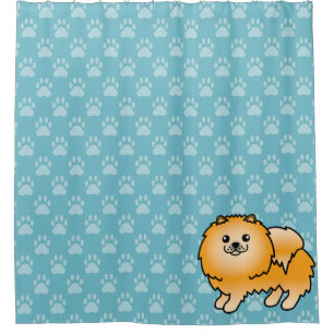 Oranje Pomeranian Op Blauwe Hond En Hondenpoten Douchegordijn