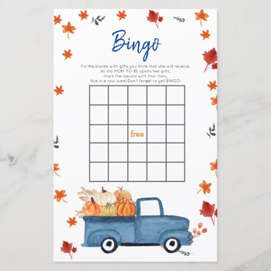 Oranje pomkin Blue Truck Baby shower Bingo Game (Voorkant)