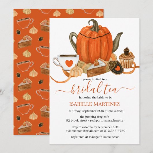 Oranje pomkin Teapot Herfst Bridal Tea Kaart (Voorkant / Achterkant)