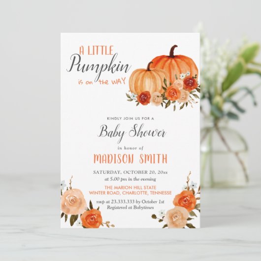 Oranje pomkins Autumn | BABY SHOWER Kaart (Staand voorkant)
