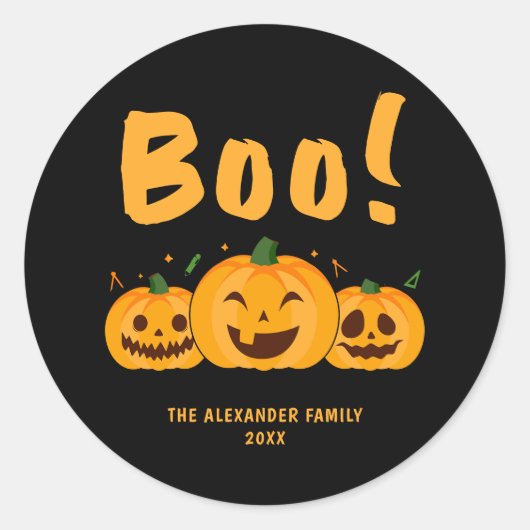 Oranje pomkins Black Halloween Boo Naam Ronde Sticker (Voorkant)