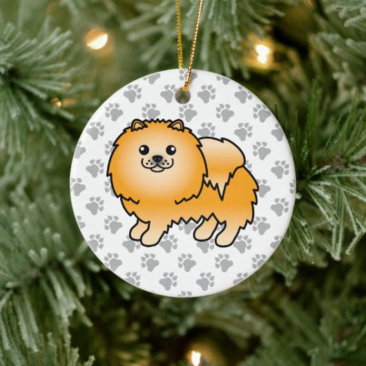 Oranje Pommeren Cute Cartoon Dog & Paws Keramisch Ornament (Boom)