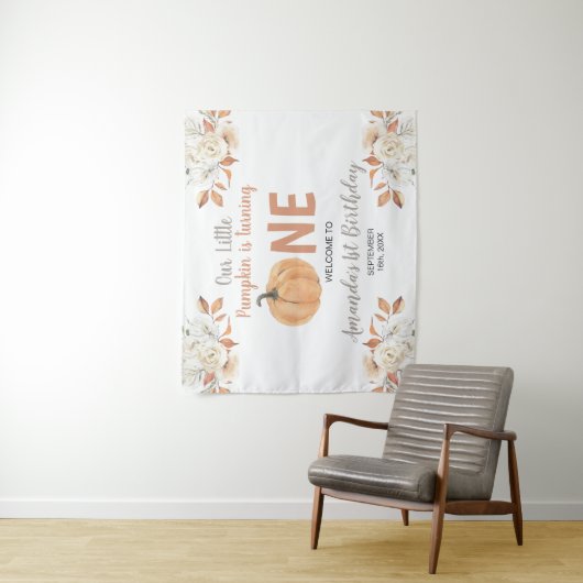 Oranje Pompoen 1e Verjaardag Rustiek Bloemen Welko Wandkleed (In situ)