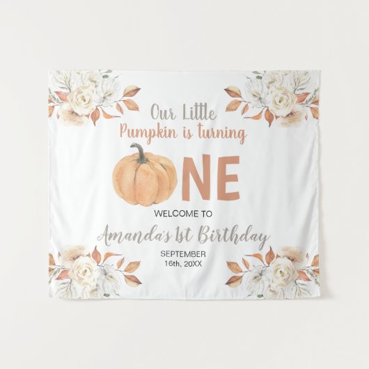 Oranje Pompoen 1e Verjaardag Rustiek Bloemen Welko Wandkleed (Voorkant (horizontaal))