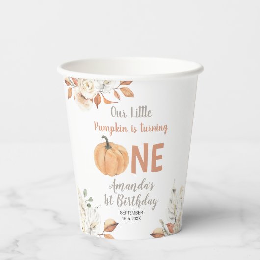 Oranje Pompoen 1e Verjaardag Rustieke Bloemen Papieren Bekers (Achterkant)