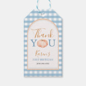 Oranje pompoen Boho Blue Gingham 1e verjaardag Cadeaulabel (Voorkant)