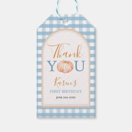 Oranje pompoen Boho Blue Gingham 1e verjaardag Cadeaulabel