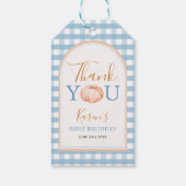 Oranje pompoen Boho Blue Gingham 1e verjaardag Cadeaulabel (Achterkant)