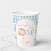 Oranje pompoen Boho Blue Gingham 1e verjaardag Papieren Bekers (Achterkant)