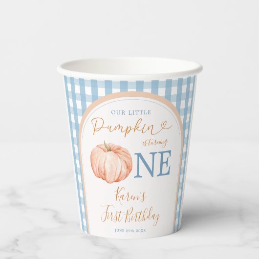 Oranje pompoen Boho Blue Gingham 1e verjaardag Papieren Bekers (Achterkant)