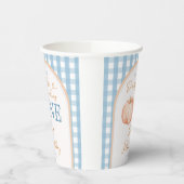 Oranje pompoen Boho Blue Gingham 1e verjaardag Papieren Bekers (Links)