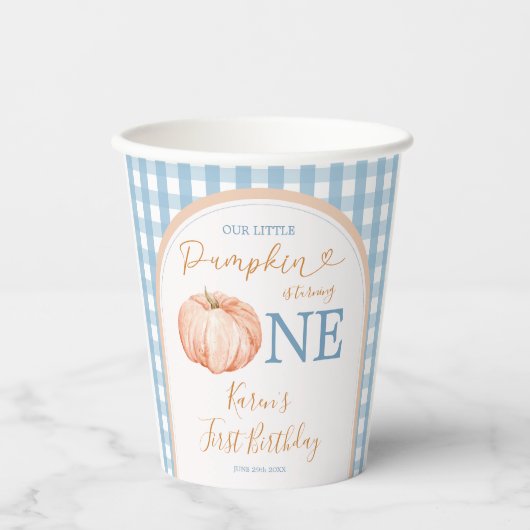 Oranje pompoen Boho Blue Gingham 1e verjaardag Papieren Bekers (Voorkant)