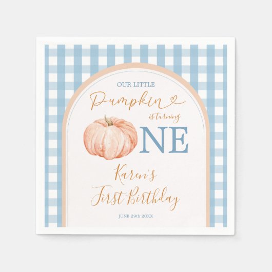 Oranje pompoen Boho Blue Gingham 1e verjaardag Servet (Voorkant)