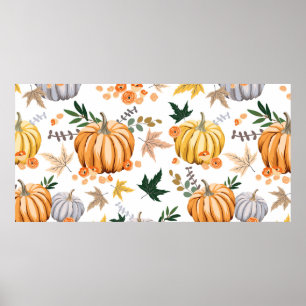 Oranje pompoen en bloemen in het najaar poster
