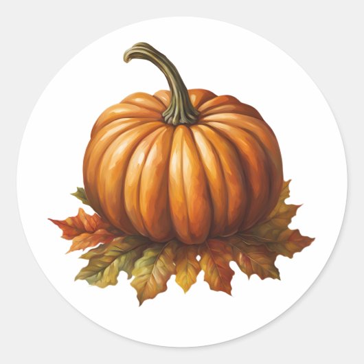 Oranje pompoen en herfstbladeren ronde sticker (Voorkant)
