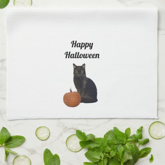 Oranje pompoen en zwarte kat Happy Halloween Theedoek (Gevouwen)