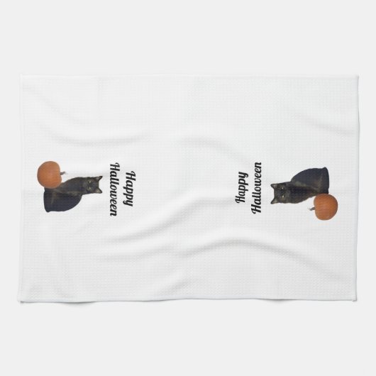 Oranje pompoen en zwarte kat Happy Halloween Theedoek (Horizontaal)