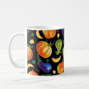 Oranje pompoen, gestreept zucchini, blauwe eierpla koffiemok