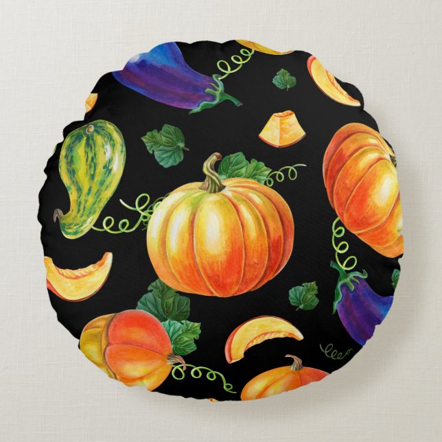 Oranje pompoen, gestreept zucchini, blauwe eierpla rond kussen (Voorkant)