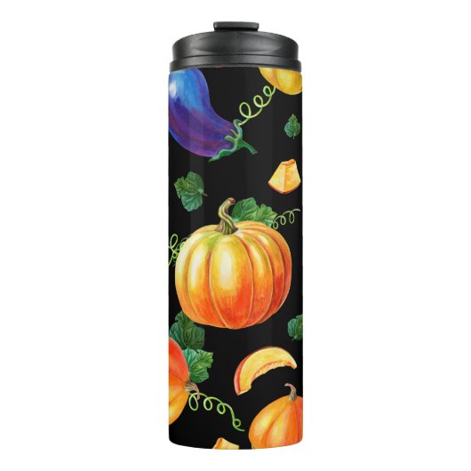 Oranje pompoen, gestreept zucchini, blauwe eierpla thermosbeker (Voorkant)