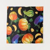 Oranje pompoen, gestreept zucchini, blauwe eierpla wandkleed (Voorkant (horizontaal))