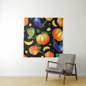 Oranje pompoen, gestreept zucchini, blauwe eierpla wandkleed (In situ)