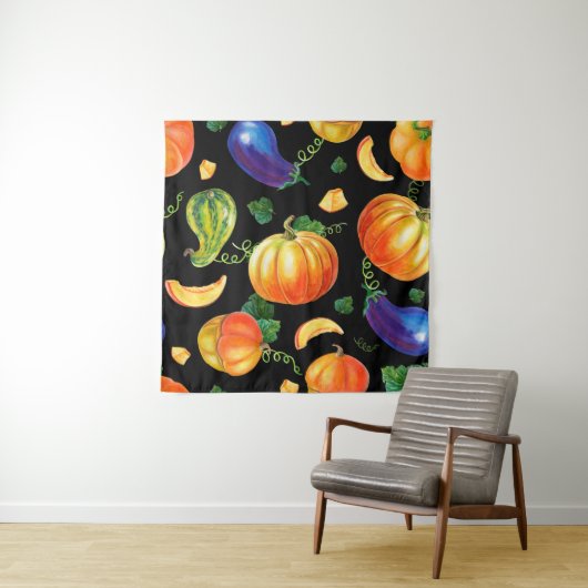 Oranje pompoen, gestreept zucchini, blauwe eierpla wandkleed (In situ)