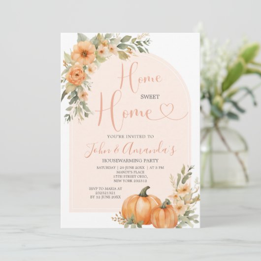 Oranje pompoen groen Bloemen Housewarming Party Kaart (Staand voorkant)
