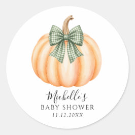 Oranje Pompoen Groen Geruite Strik Baby Shower Ronde Sticker