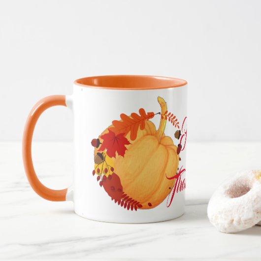 Oranje pompoen Herfst Maple Foliage Thanksgiving F Mok (Met donut)