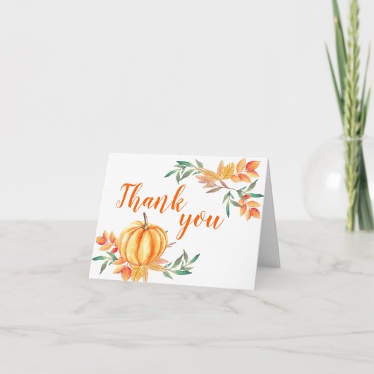 Oranje Pompoen Herfst Waterverf Bladeren Bedankt (Voorkant)