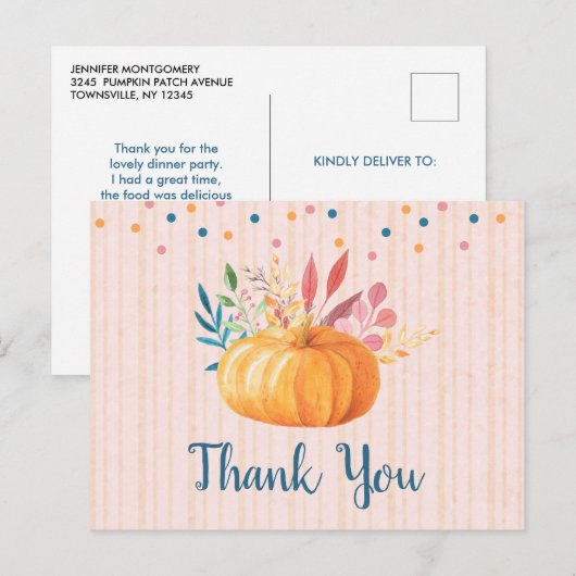 Oranje pompoen op roze en gouden strepen Hartelijk Briefkaart (Voorkant / Achterkant)