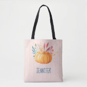 Oranje pompoen op roze en gouden strepen tote bag (Voorkant)